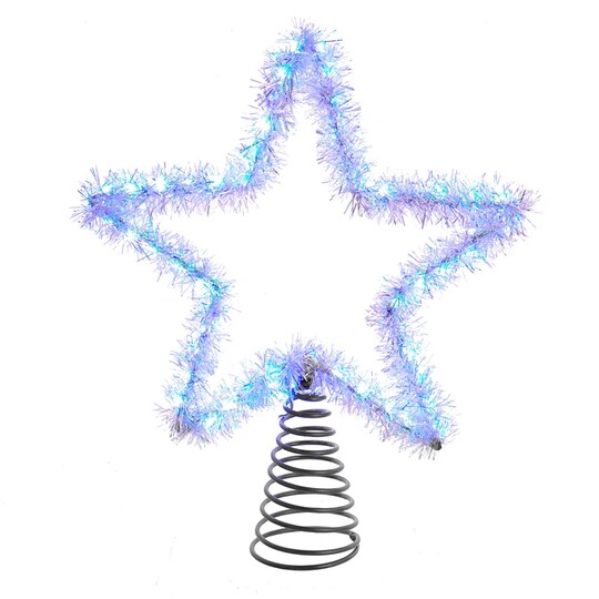 KSA 10.5" Lighted Blue and Silver Tinsel Star Christmas Tree Topper, Cool White Lights